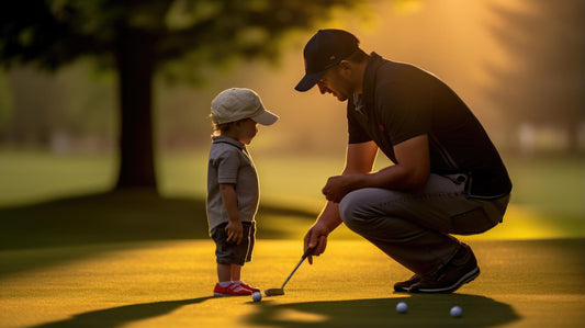 A Child learns to play golf with putt buddy automatic golf ball returner with his dad on the course