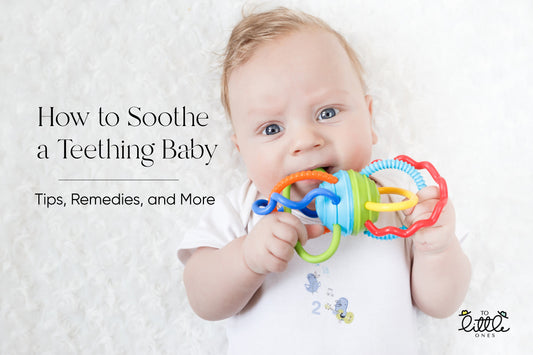 How to Soothe  a Teething Baby cover image where a baby is helping himself in the teething period by biting a teething toy