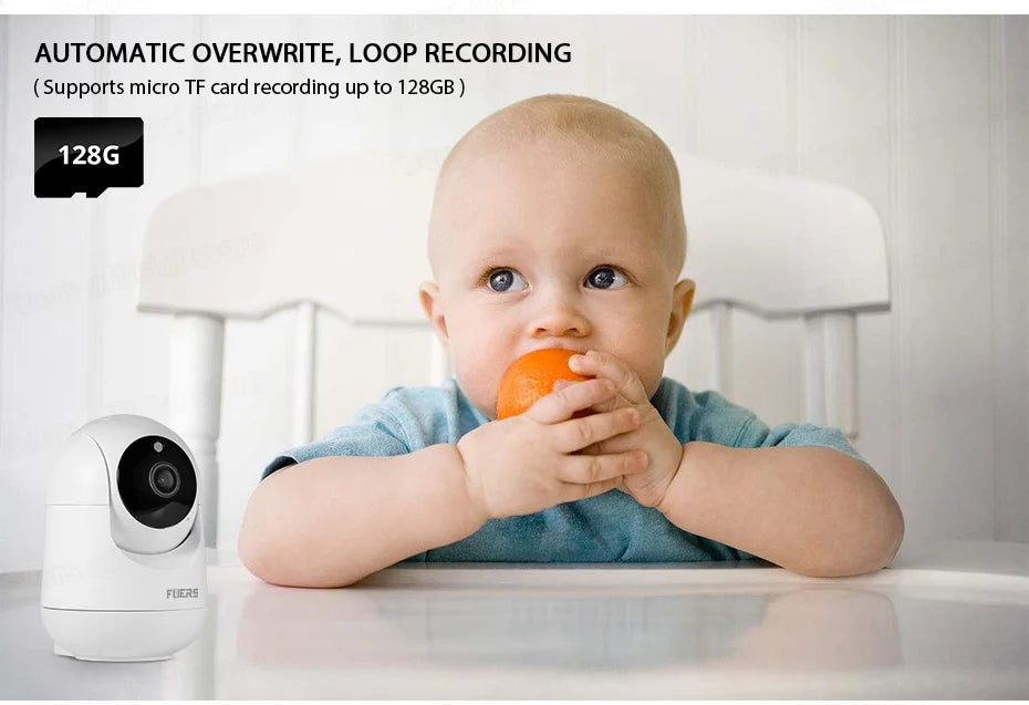 automatic overwrite, loop recording on BabyWatch™ HD Wireless IP Baby Monitor with automatic tracking and two-way audio