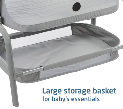 Maxi-Cosi® Iora Newborn Bassinet with a large storage basket, showcasing its sleek design and sturdy frame while showing large storage basket