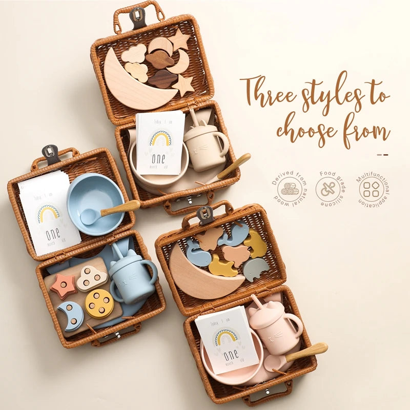 three styles to choose from Meow and Grow™ Baby Gift Set featuring a silicone bib, cat cup, and wooden rainbow stacker in a vintage-style gift box