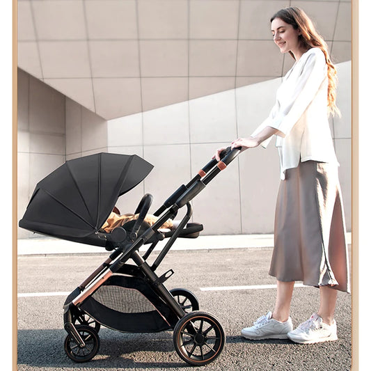a women carrying her baby in LuxView™ Ergonomic High View Baby Stroller - Portable and stylish pram for newborns.