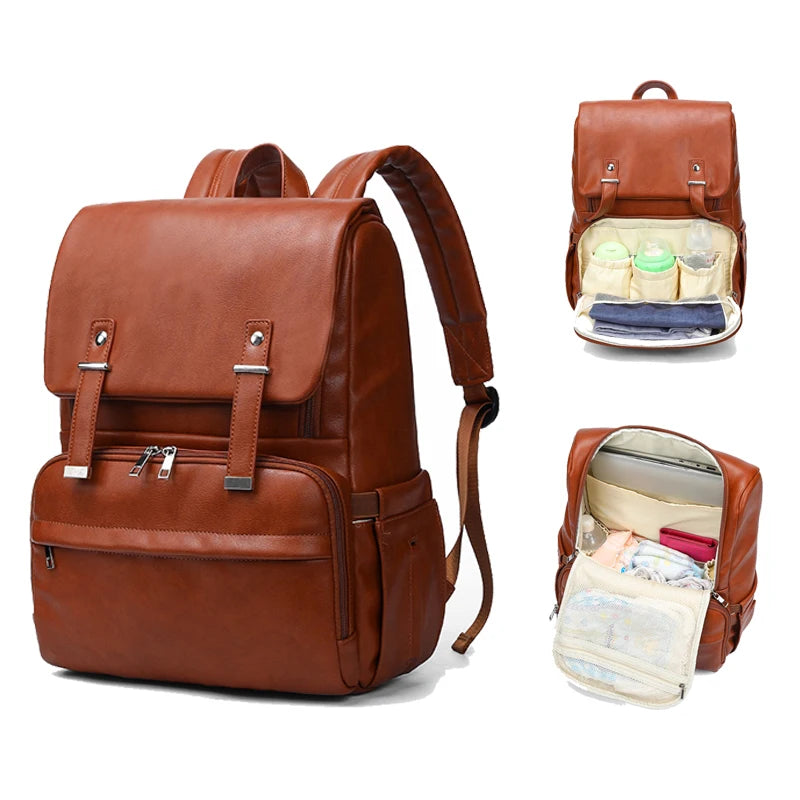 LuxeCarry™ Leather Diaper Bag in Brown - Elegant and durable diaper bag for travel and daily use.
