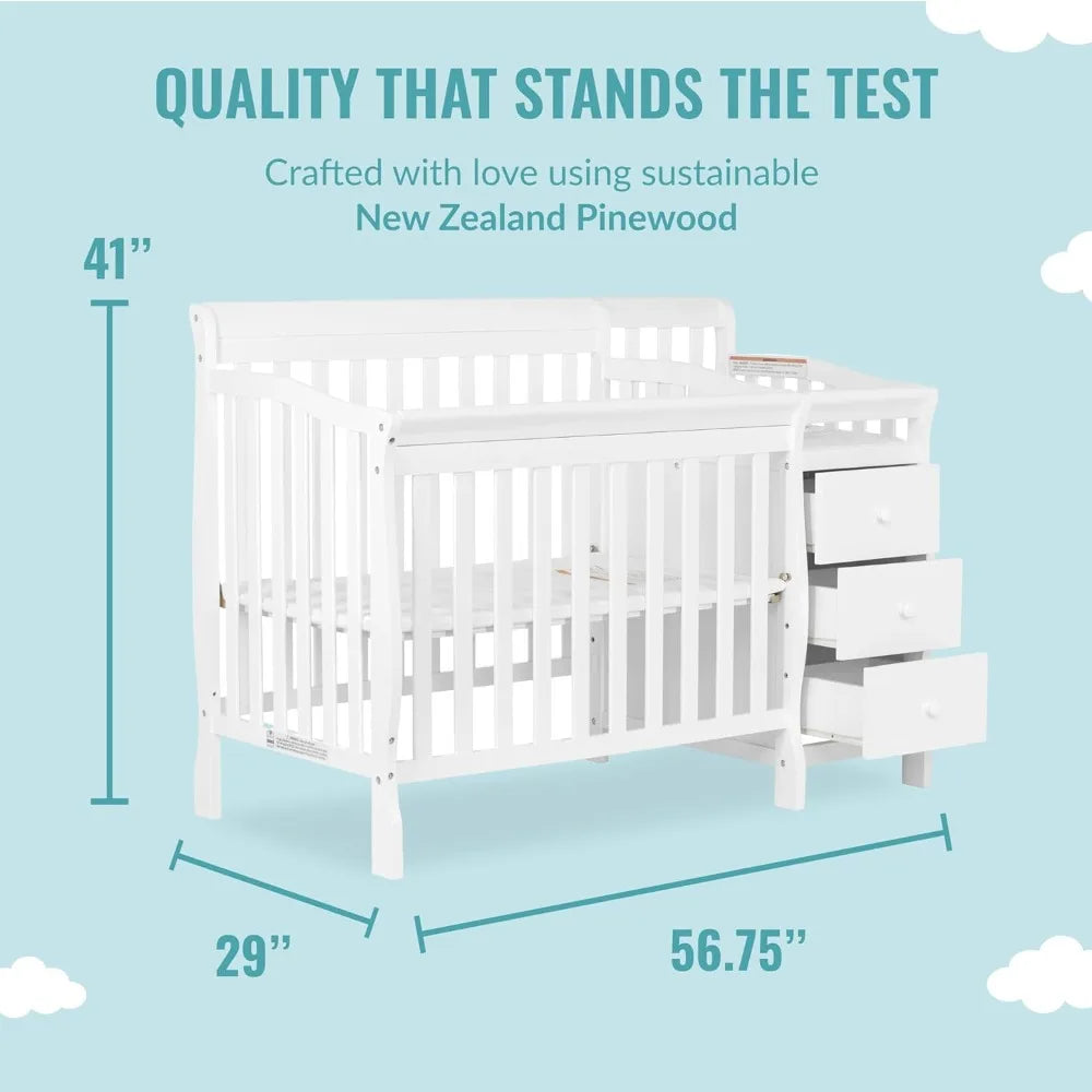 Bristol Bassinet Convertible Crib and Changer in White with non-toxic finish, featuring a detachable 3-drawer changing table and sturdy design.