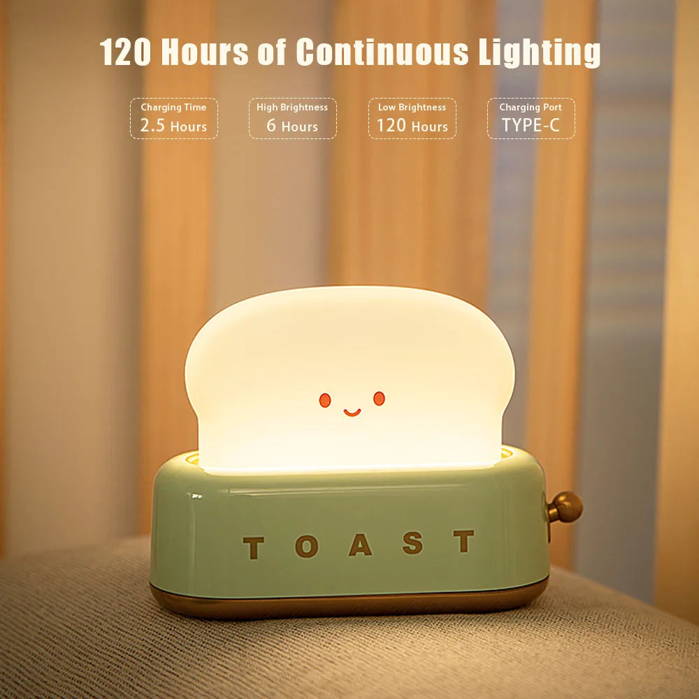 120 hours of continuous lighting of Toasty Toasty Lamp™ - Cute Toast Cartoon LED Night Light for Kids with Adjustable Brightness, Timer Function, and Portable Design