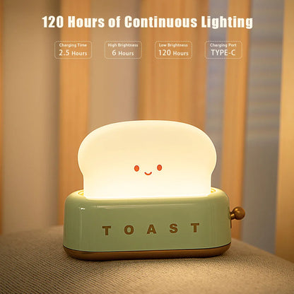 120 hours of continuous lighting of Toasty Toasty Lamp™ - Cute Toast Cartoon LED Night Light for Kids with Adjustable Brightness, Timer Function, and Portable Design