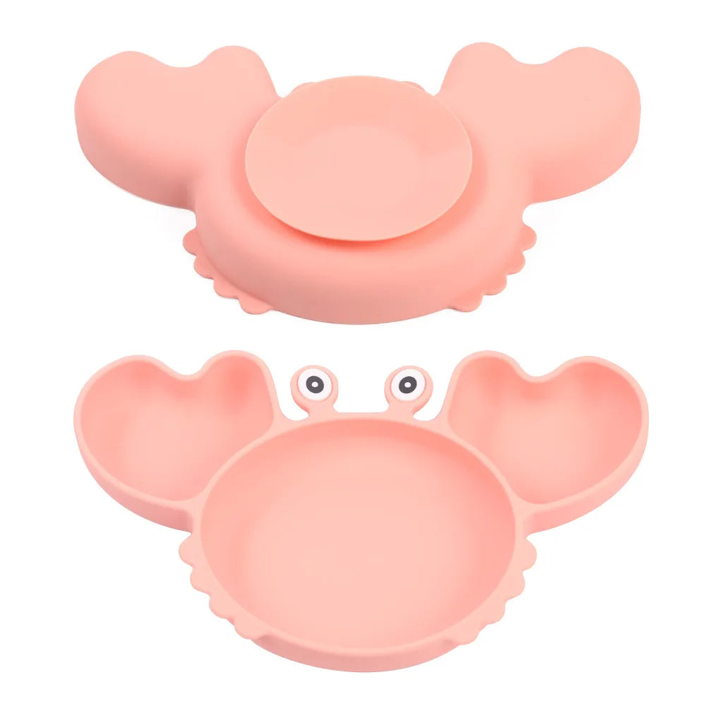 baby pink variant of 9-piece best silicone baby feeding set including a non-slip suction bowl, plate, spoon, waterproof bib, cup, and crab-shaped dishes. BPA-free and designed for children aged 7-36 months, this dinnerware set ensures safe and mess-free mealtime.