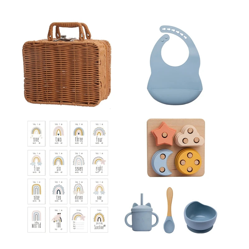 all products with age describing Meow and Grow™ Baby Gift Set featuring a silicone bib, cat cup, and wooden rainbow stacker in a vintage-style gift box 3