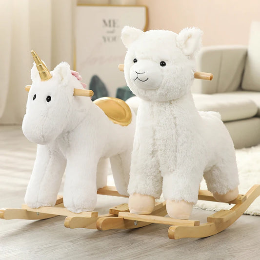 WhimsiRock™ Plush Animal Rocker: A super soft and huggable Plush Animal Rocker designed for toddlers aged 1-5, with solid wood handles and hypoallergenic filling. Perfect for imaginative play and safe, gentle rocking.