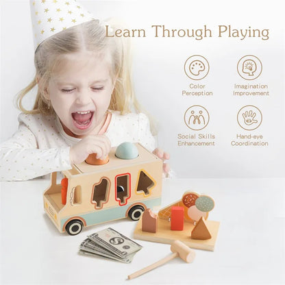 baby is playing with Single Wooden Ice Cream Car from Montessori Educational Toy Set