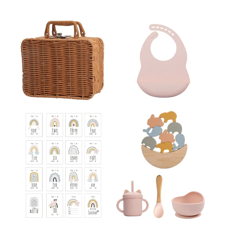 all products with age describing Meow and Grow™ Baby Gift Set featuring a silicone bib, cat cup, and wooden rainbow stacker in a vintage-style gift box 2