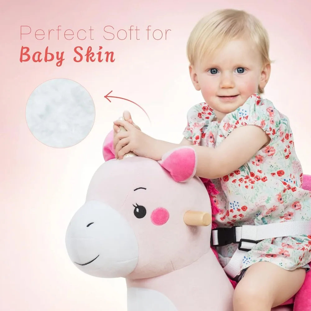 perfectly soft for baby skin in the Pink Unicorn Plush Animal Rocker for kids - a soft, safe, and premium ride-on toy designed to improve balance and motor skills.