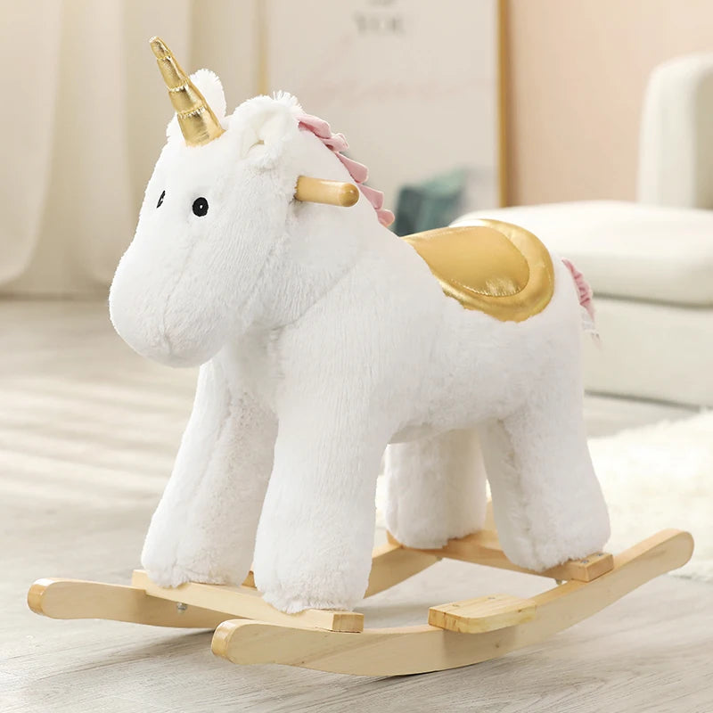 WhimsiRock™ Plush Animal Rocker: A super soft and huggable Plush Animal Rocker designed for toddlers aged 1-5, with solid wood handles and hypoallergenic filling. Perfect for imaginative play and safe, gentle rocking - cute golden unicorn