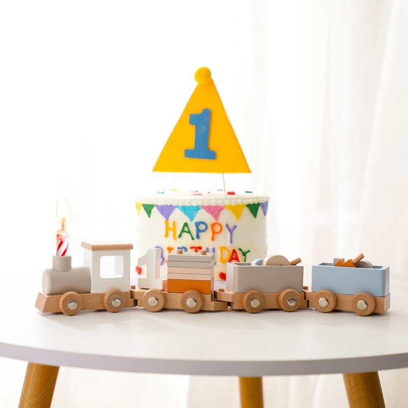 Wooden Birthday Train Montessori Educational Toy for Kids with Colorful Glass Beads
