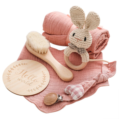 Ultimate Baby Bath Gift Set - Double Sided Cotton Blanket & Wooden Rattle