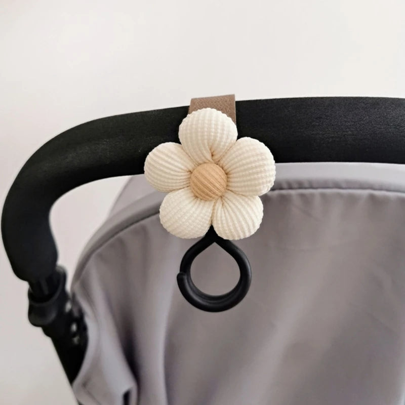 WHITE BROWN BloomLoop™ Baby Stroller Hook - Versatile stroller accessory with a small flower pattern for extra storage.