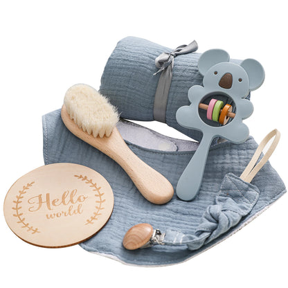 Ultimate Baby Bath Gift Set - Double Sided Cotton Blanket & Wooden Rattle