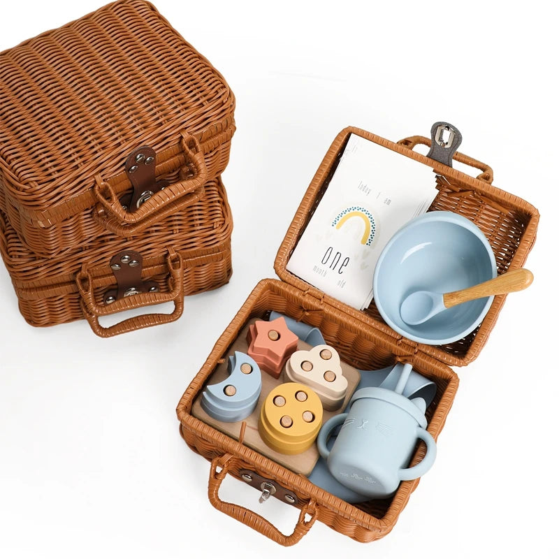 variant of Meow and Grow™ Baby Gift Set featuring a silicone bib, cat cup, and wooden rainbow stacker in a vintage-style gift box