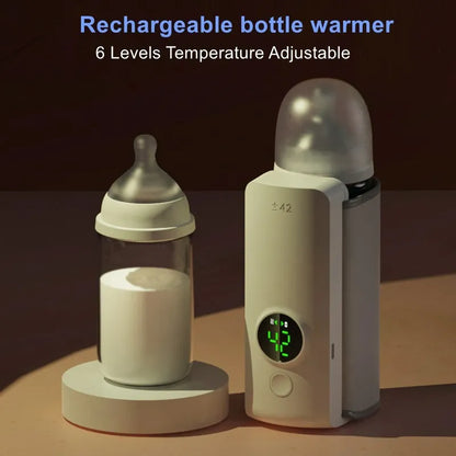 RECHARGEABLE BOTTLE WARMER WarmMilk Pro™: The Smart Rechargeable Nursing Bottle Warmer in use, showcasing its digital display and sleek design.