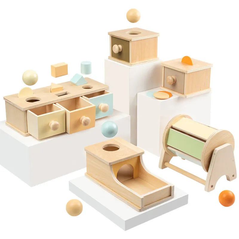 Montessori Color Sensory Toy Set - Spinning Drum, Coin Box, Permanent Box, Round Rectangular Box