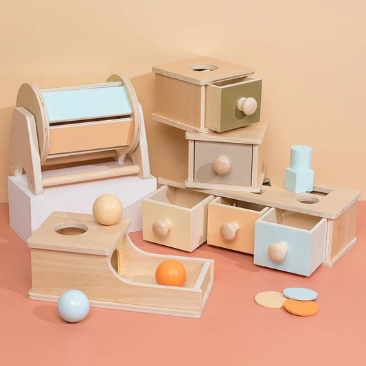 Montessori Color Sensory Toy Set - Spinning Drum, Coin Box, Permanent Box, Round Rectangular Box 2