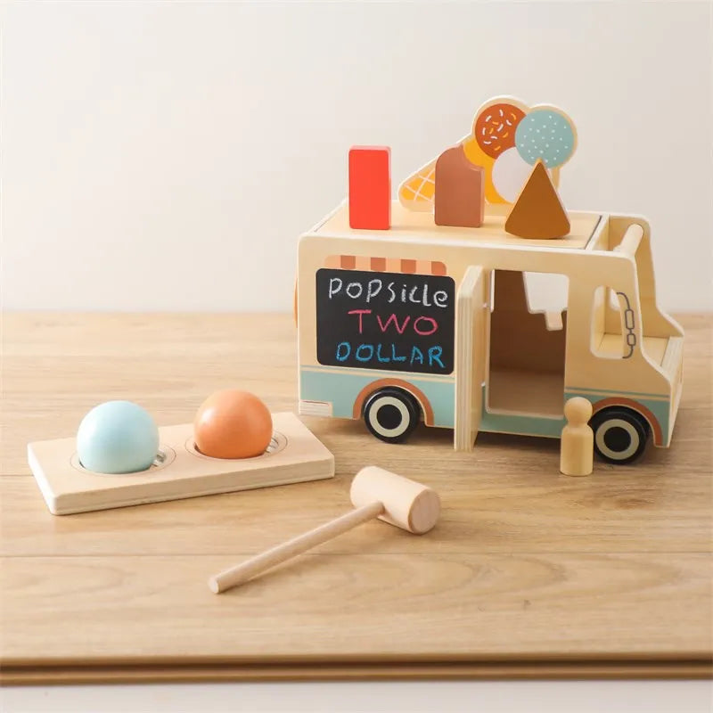 Close-up of a Wooden Ice Cream Car from Montessori Toy Set in a table