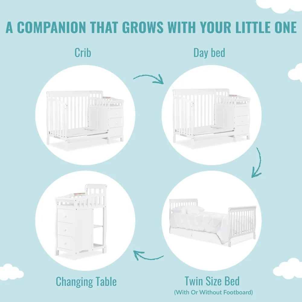 Bristol Bassinet Convertible Crib and Changer in White with non-toxic finish, featuring a detachable 3-drawer changing table and sturdy design.