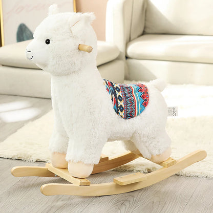 WhimsiRock™ Plush Animal Rocker: A super soft and huggable Plush Animal Rocker designed for toddlers aged 1-5, with solid wood handles and hypoallergenic filling. Perfect for imaginative play and safe, gentle rocking Happy Alpaca