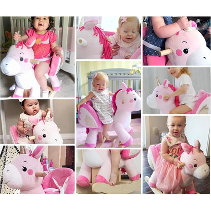 photo collage of some baby princess riding on the Pink Unicorn Plush Animal Rocker for kids - a soft, safe, and premium ride-on toy designed to improve balance and motor skills. 