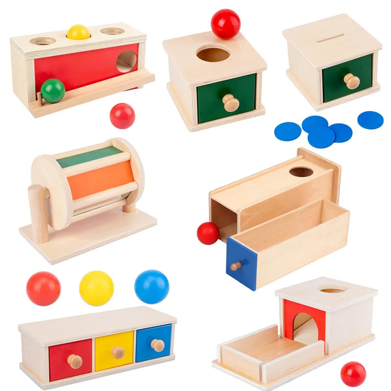 colorfull Montessori Color Sensory Toy Set - Spinning Drum, Coin Box, Permanent Box, Round Rectangular Box