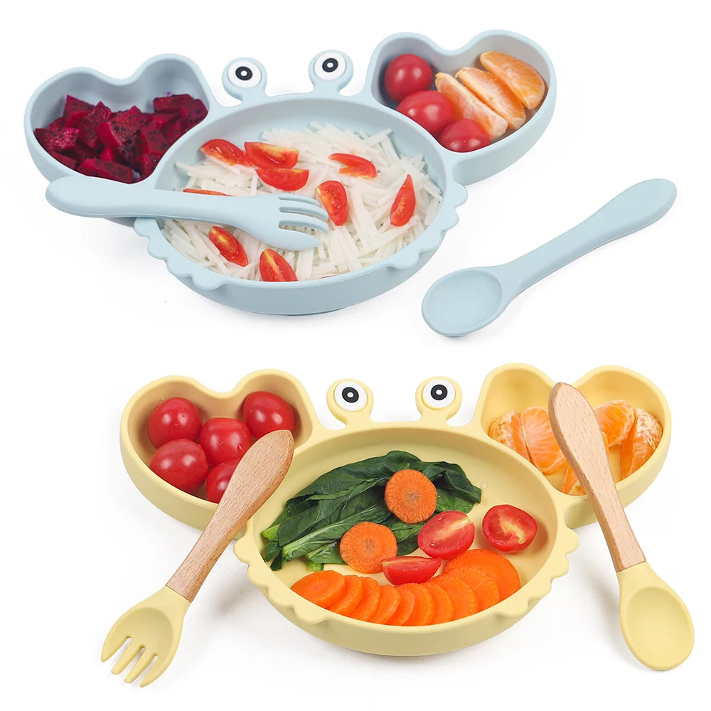 9-piece best silicone baby feeding set including a non-slip suction bowl, plate, spoon, waterproof bib, cup, and crab-shaped dishes. BPA-free and designed for children aged 7-36 months, this dinnerware set ensures safe and mess-free mealtime.