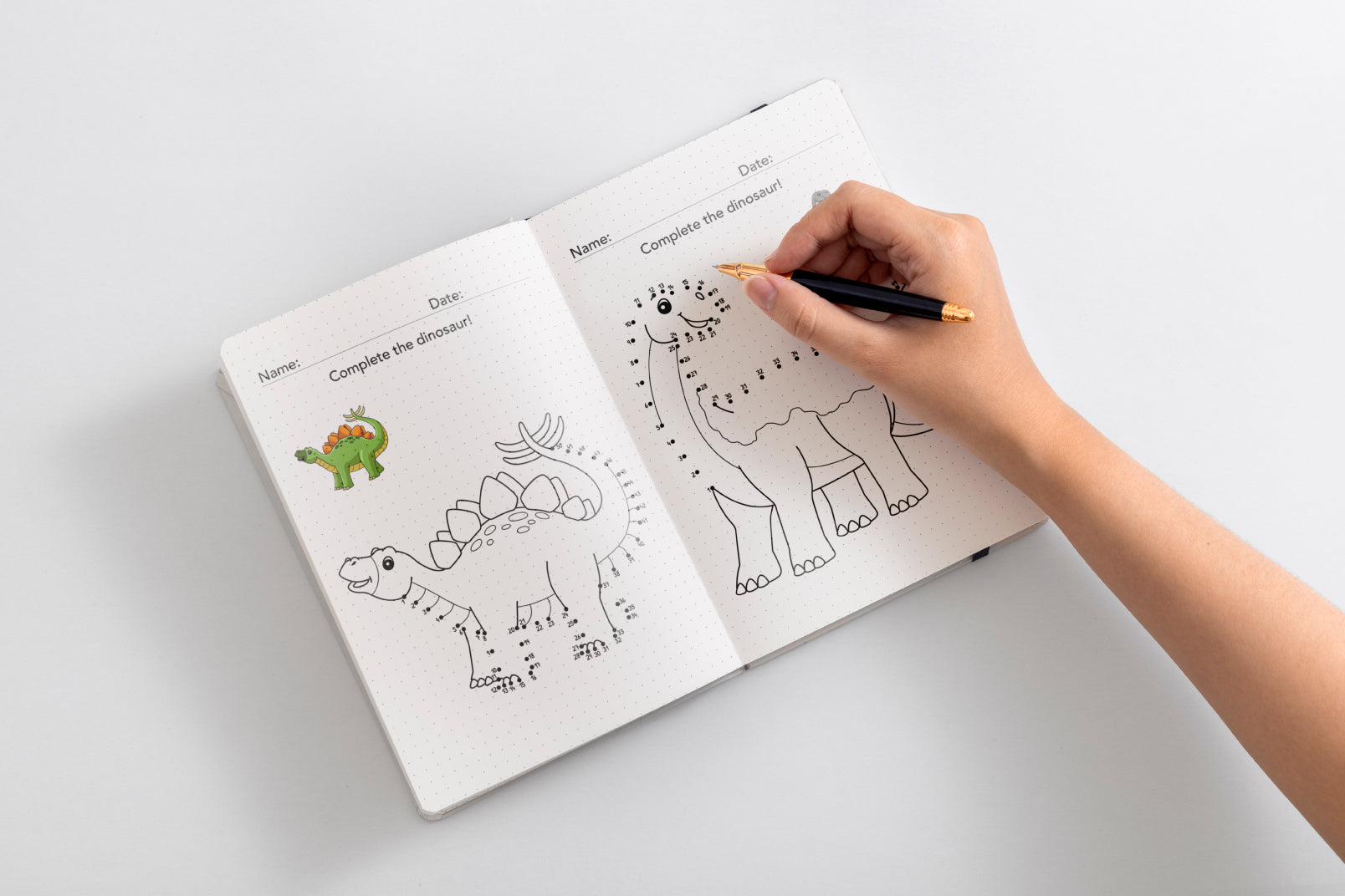 page 8 and 9 of Dot to Dot Book for Kids Ages 4-8 featuring fun and educational dinosaur-themed connect the dots puzzles. This dot to dot worksheet for kids Improve number recognition, counting skills, and fine motor coordination through engaging activities and creative coloring.