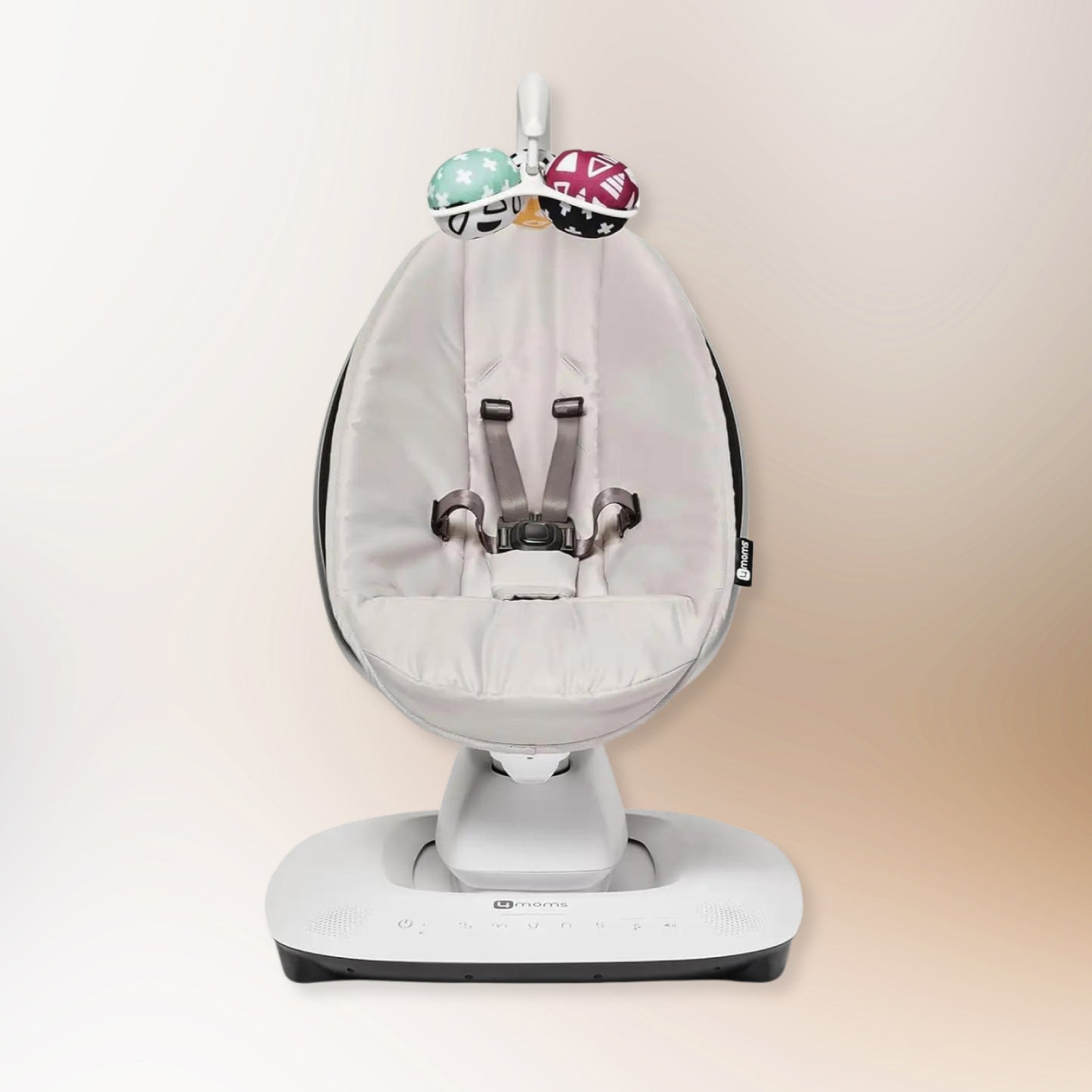 Grey MamaRoo Multi-Motion Baby Swing featuring a machine-washable seat cover, removable toy bar, and app compatibility for customizable motions and sounds.