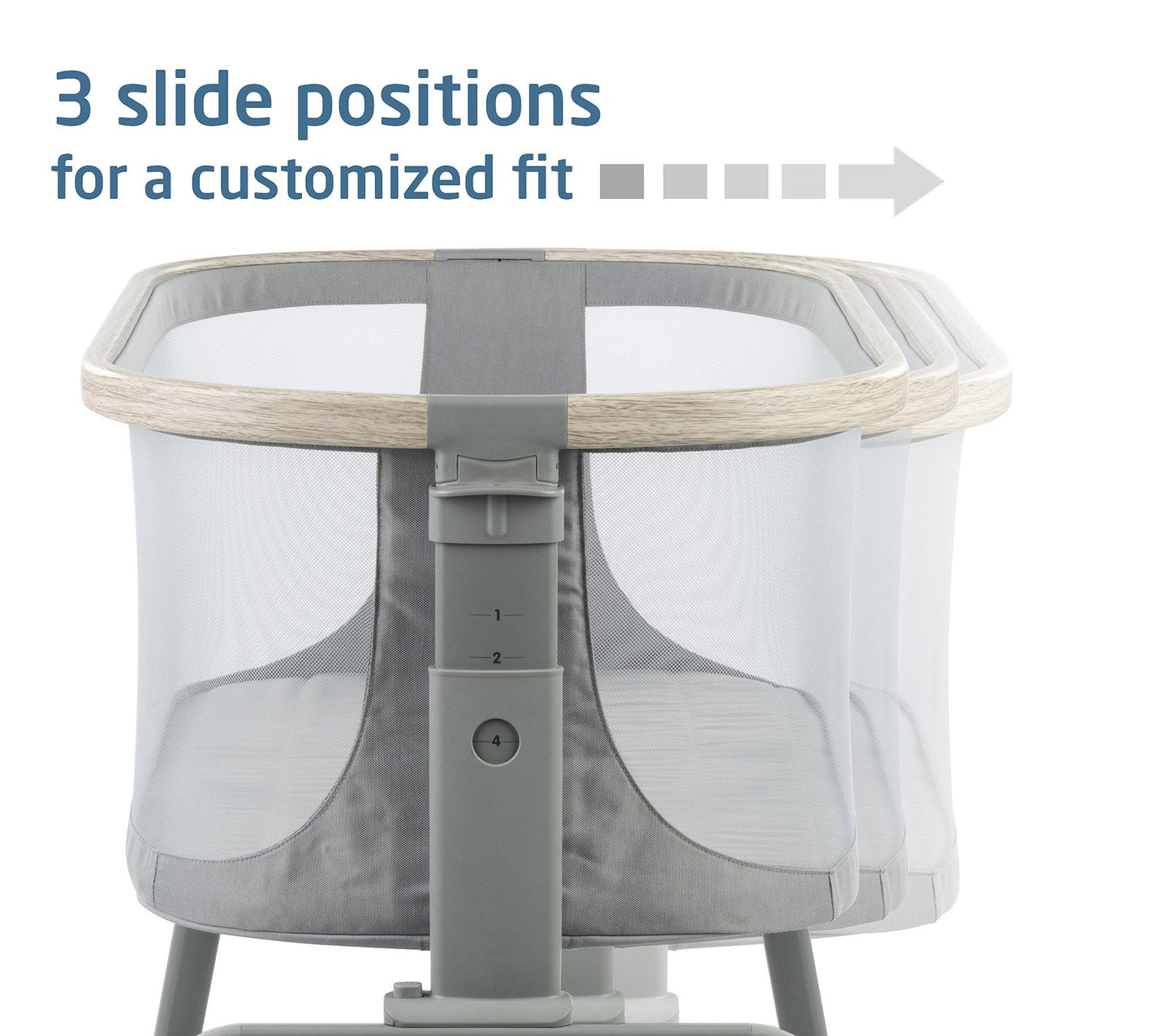 slide positions of Maxi-Cosi® Iora Newborn Bassinet with a large storage basket, showcasing its sleek design and sturdy frame