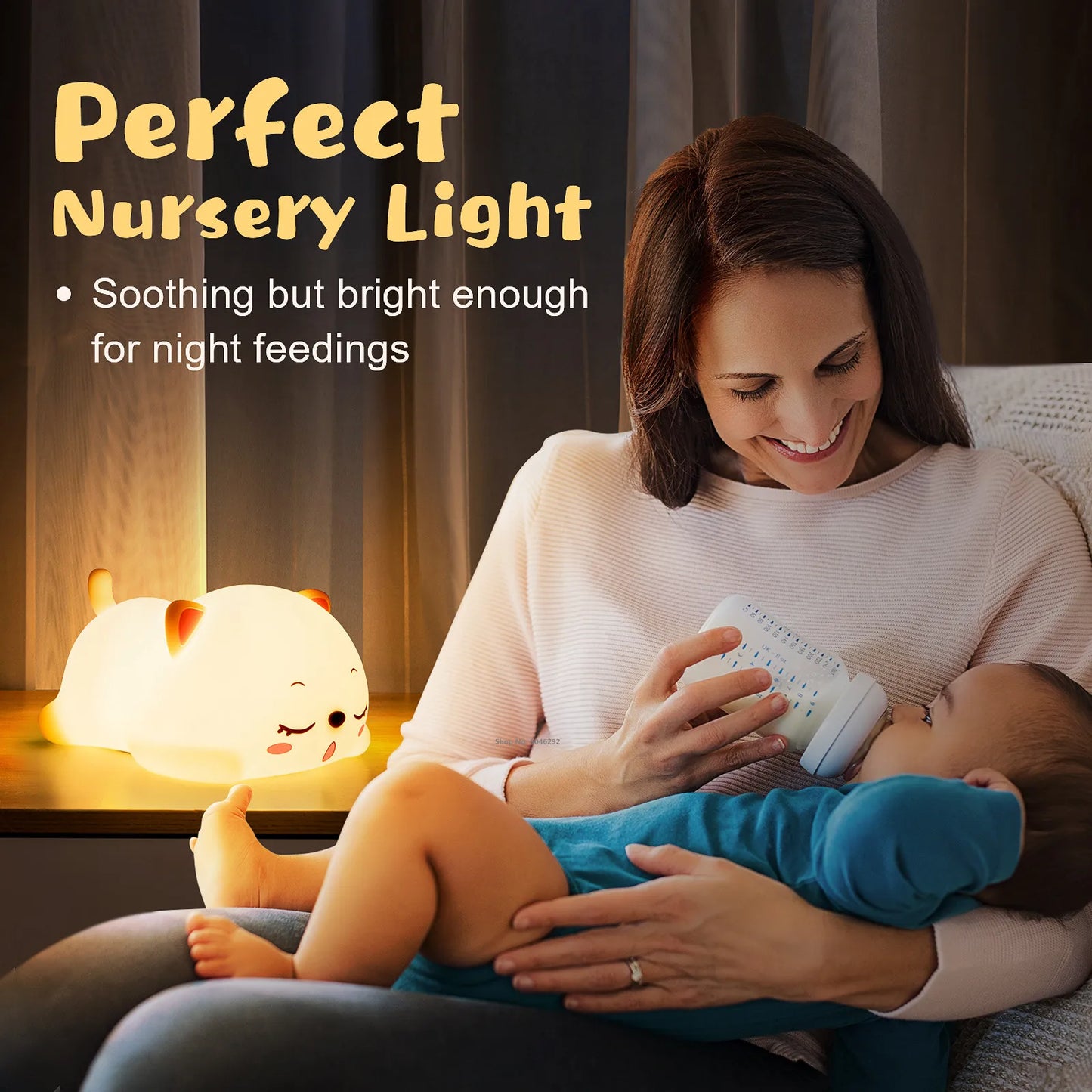 mother feeding her son while turning on Cat-Shaped Table Lamp